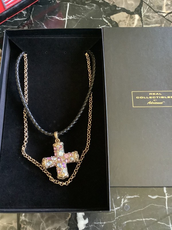New Real Collectibles by Adrienne Chunky Gemstone Cross Leather /Chain Necklace