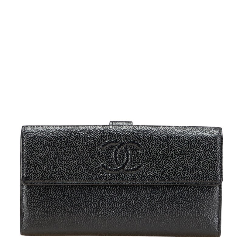 CHANEL Coco Mark Long Wallet Black Caviar Leather Womens Luxury Fashion
