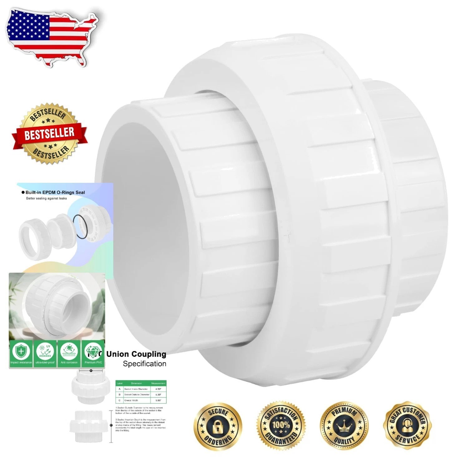 Heavy Duty 4 Inch PVC Union Coupling - Schedule 40 Slip Socket - White, Durable