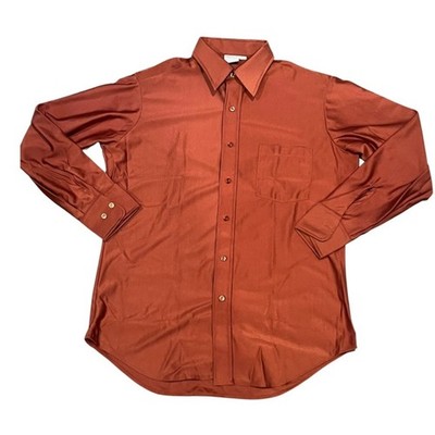 Vintage 70s Qiana DuPont Disco Shirt Dagger Collar Burn Orange Men's M 15.5