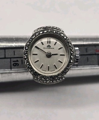 Bucherer Marcasite Vintage Ring Watch Size 4.5 Wind Up 800 Silver