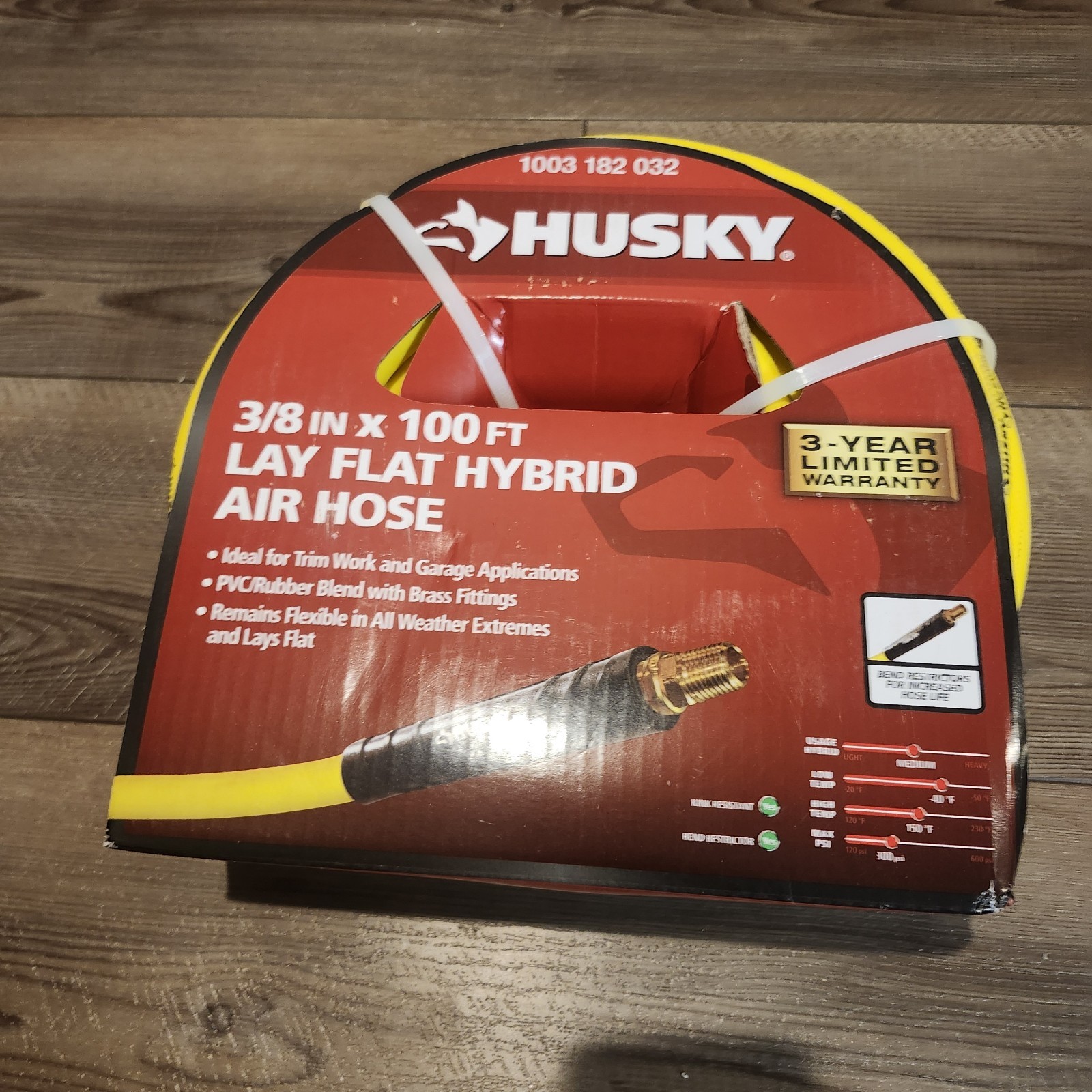 NEW HUSKY 3/8 in.  X  100 ft. Lay Flat Hybrid Air Hose