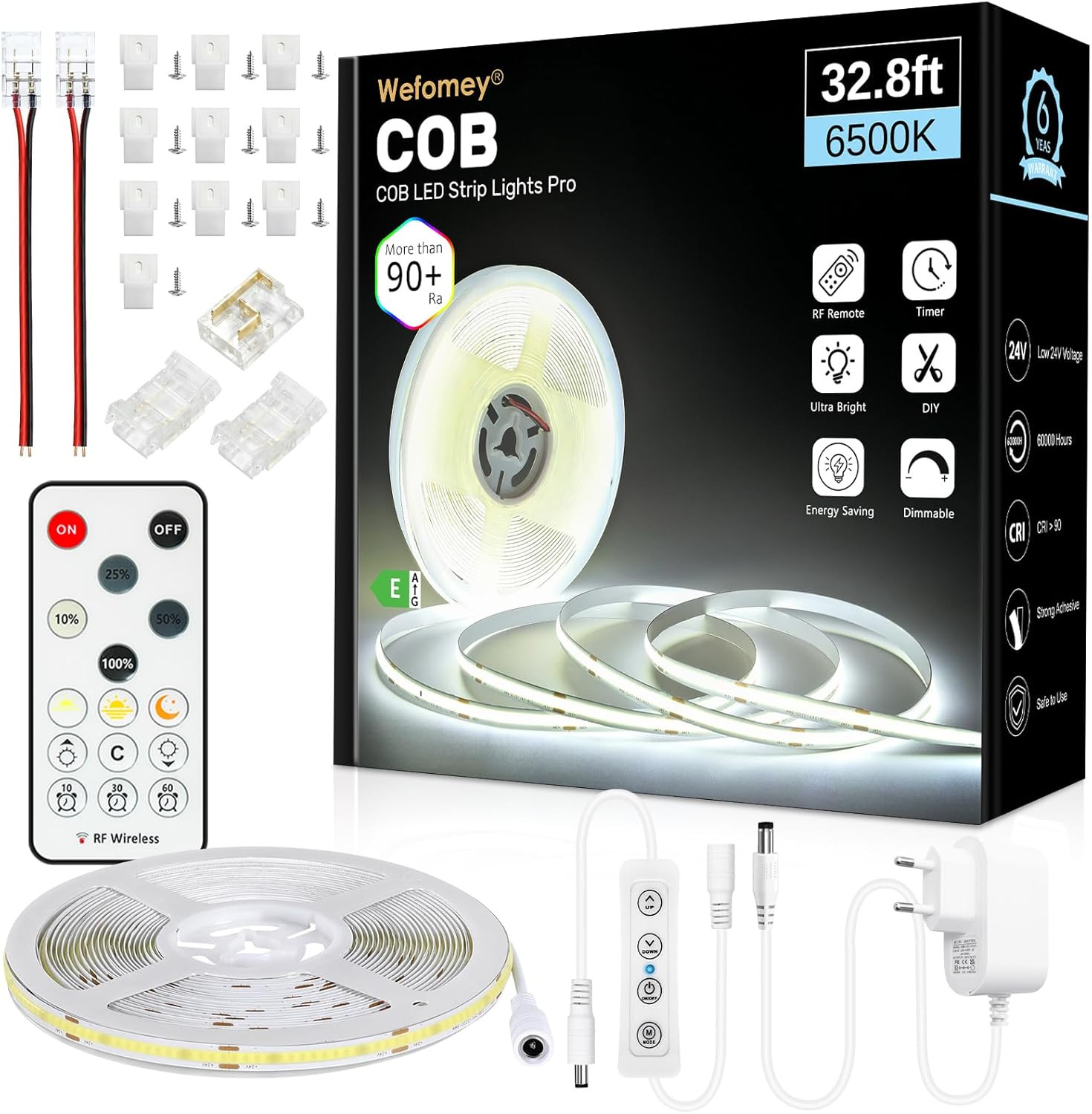Ruban LED COB 10M blanc froid 6500K bande lumineuse flexible 24V dimmable avec télécommande