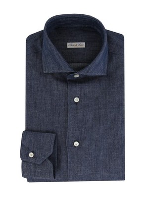 $600 Fiori Di Lusso Dark Blue Solid Cotton Shirt - Slim - (FL7152612)