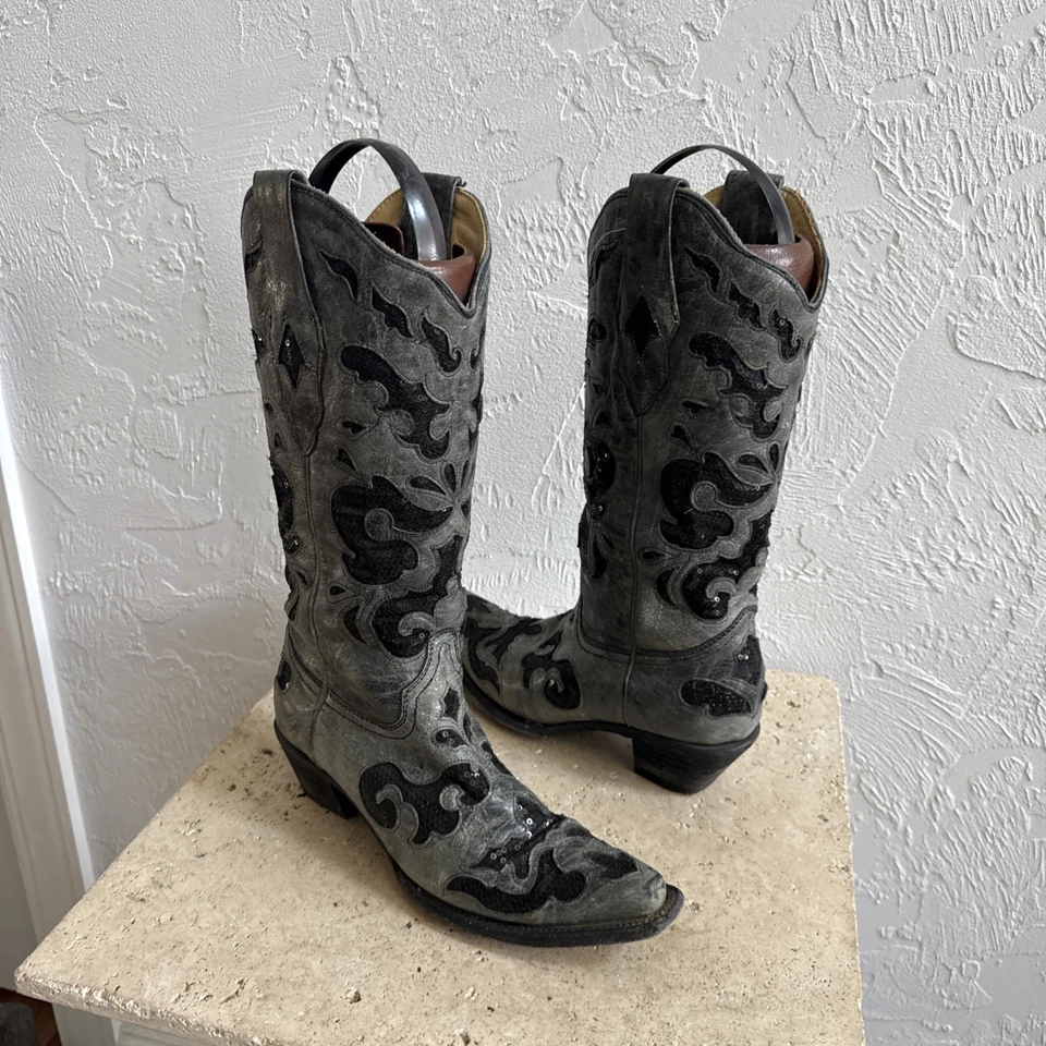 Corral Women's CARMEN A1065 Black Gray Sequins Inlay Leather Cowboy boots 7.5 M - Image 2 of 4