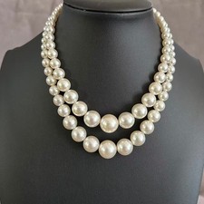 Vintage Japan 2 Strand Faux Pearl Choker Necklace Graduated Beads Extender 12"