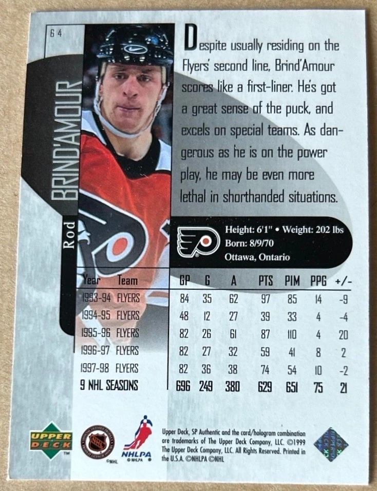 ROD BRIND'AMOUR  1998-99 UPPER DECK SP AUTHENTIC Card #64 NM-MT Condition - Image 2 of 2