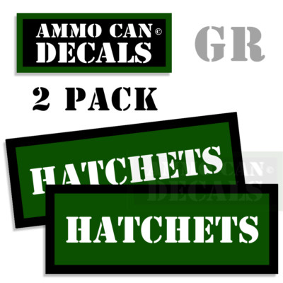 HATCHETS Ammo Can 2x GREEN Labels Ammunition Case 3''x1.15'' sticker decals 2 pack
