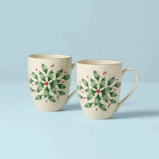 Lenox Fine China HOLIDAY Christmas / Holly  Mugs - Set of Two - N/O