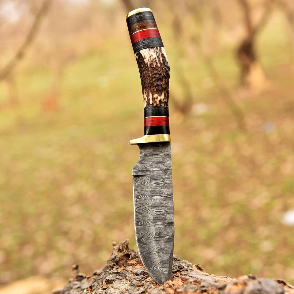 CUSTOM HANDMADE DAMASCUS STEEL HUNTING SKINNING KNIFE DEER STAG HANDLE SURVIVAL - Image 4 of 4