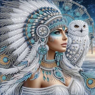 5D DIY Feder Kopfschmuck Dame und Eule Diamond Painting Kit Malerei für Erwachsene