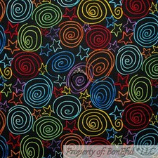 BonEful FABRIC FQ Cotton Quilt Black Rainbow Color Swirl Scroll Star Gay Pride S