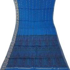 Vintage Blue Sarees 100 Pure Silk Printed Zari Border Sari 5YD Craft Fabric