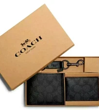 New 💯 Authentic Coach Men's ID Wallet N SIGNATURE w/ Key Fob Gift Box Black