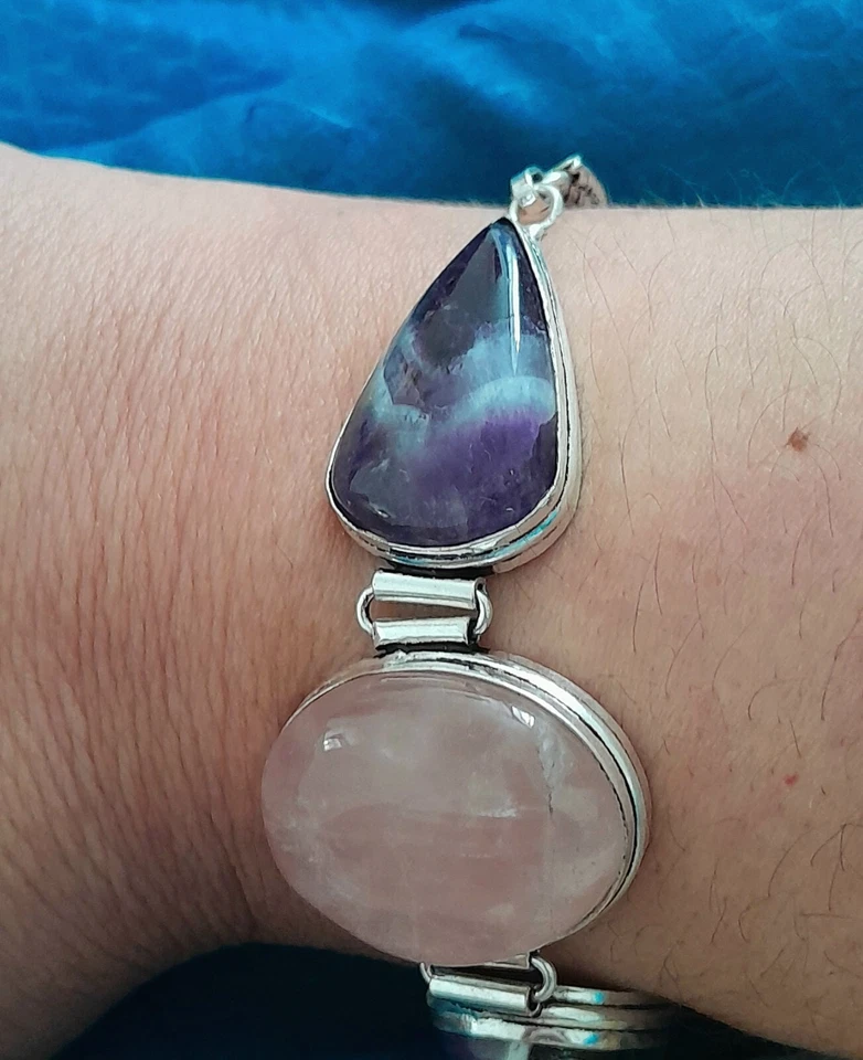 BRACCIALE DONNA ARGENTO MASSICCIO 925, AMETISTA E QUARZO ROSA NATURALI CABOCHON - Immagine 3 di 4