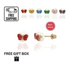 14k Yellow Gold Enamel Butterfly With Genuine Pearl Screw Back Stud Earrings