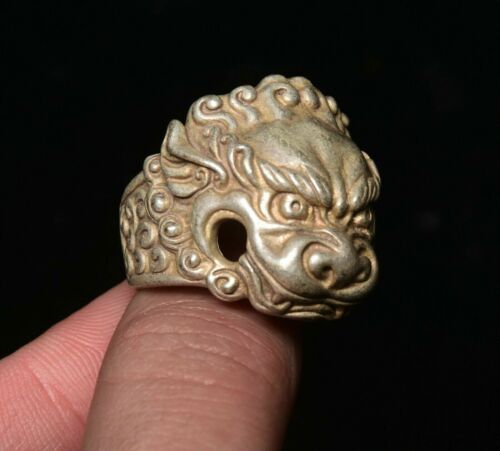 1,2" Rare ancienne bague tête de lion ancienne dynastie chinoise en argent animal lion - Photo 1/4