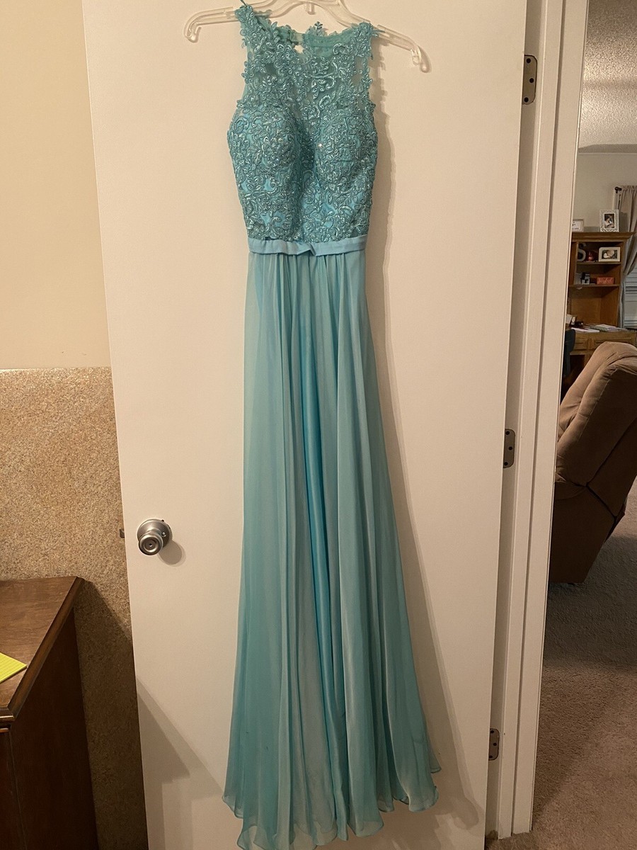 La Femme Light Blue Formal Prom Dress Size Open Back Lace Sparkles EUC