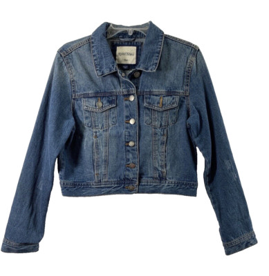 Reserve Fairfax Jean Jacket Womens Large Blue Denim Medium Wash Western Distress