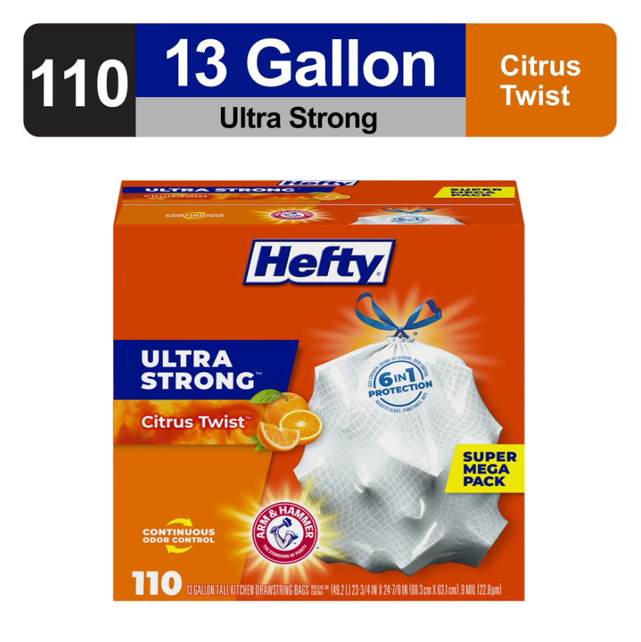 6-in-1 Protection Ultra Strong 13 gallon Tall Kitchen Trash Bags, White, 110Bags