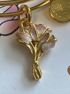 NWT Alex and Ani ''PINK TULIPS'' Flower Charm Rafaelian Gold Adj Bracelet w/Card
