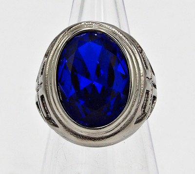 Ring men blue sapphire simulated stainless steel silver cross
