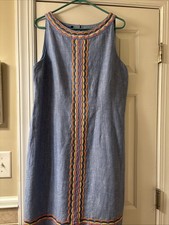 Talbots Shift Dress Womens 12 Blue Linen Cotton Embroidered Sleeveless Boho