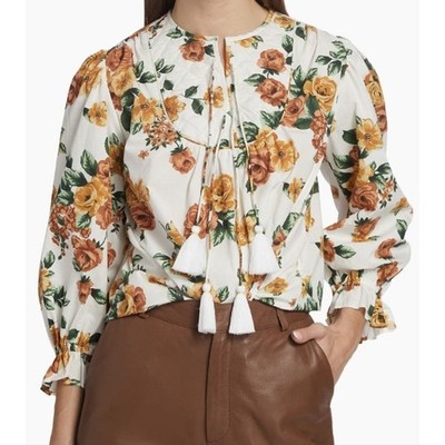 NWT Mille Resort Guilia Floral Tie Neck Blouse White Orange Green Womens XXS