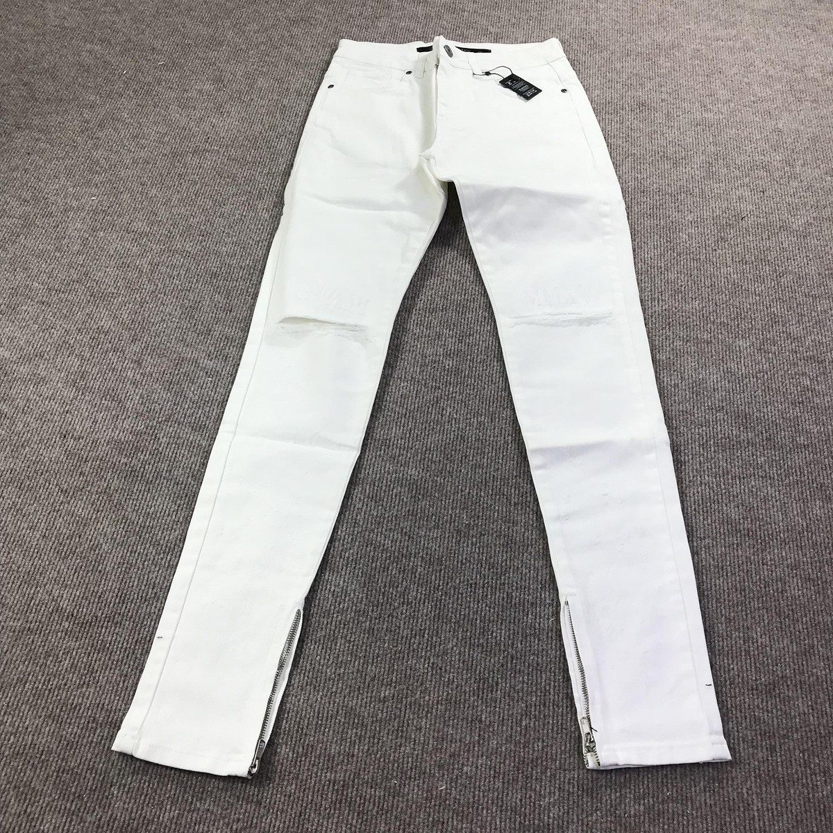 GVAPI Jeans Mens 28 White Slim Fit Distressed Biker Denim Zipper