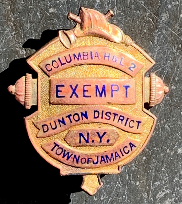Fireman Columbia H&L 2 Town of Jamaica N.Y.  Exempt Badge