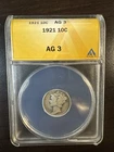 1921 Mercury Dime ANACS AG-3 Certified Semi-Key Date 90% Silver 10C