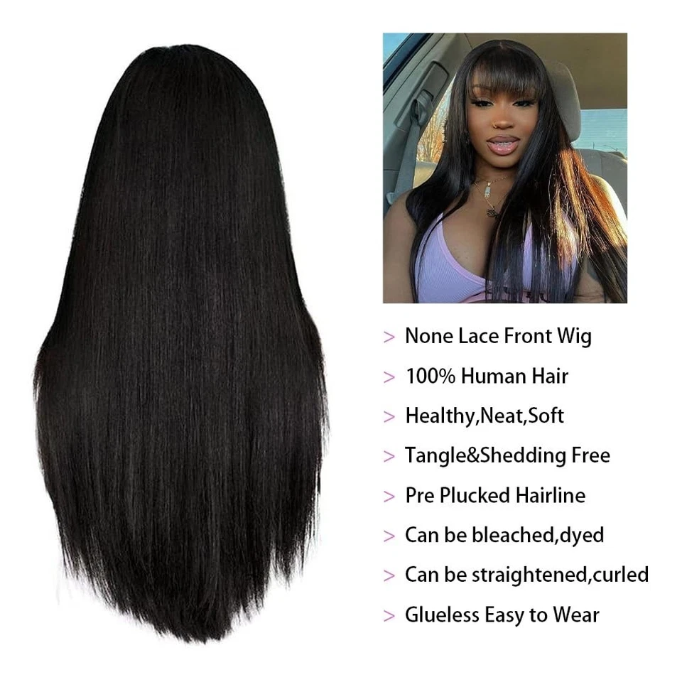 Straight Human Hair Wig with Bangs Brazilian Virgin None Lace Front Wig Glueless - Image 3 of 4