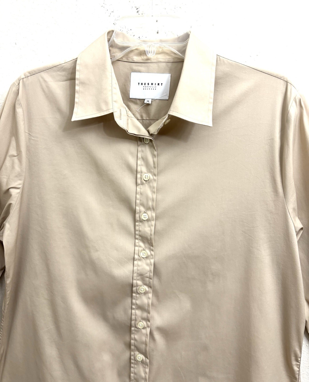 ROCHELLE BEHRENS THE ICON SHIRT XL {FITS L} TAN PREPPY ACADEMIA QUIET LUXURY NEW