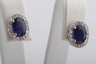 Neu! Ohrringe Ohrstecker 2 Saphire 36 Brillanten Diamanten 750 Weiß gold 18K .