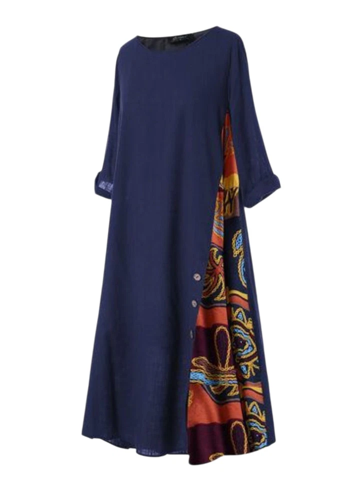 Zanzea Collection Maxi Dress Women's XL Blue Solid Bold Print Long Sleeve Cotton - Image 2 of 4