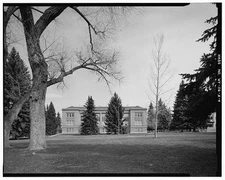 Distant view south front from open landscaped area southwest corner campus -