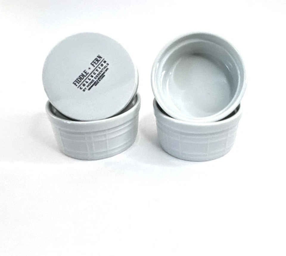 Home Essentials Set of 4 Cross Lines White Round Ramekins 4oz Porcelain NEW GB - Image 2 of 4