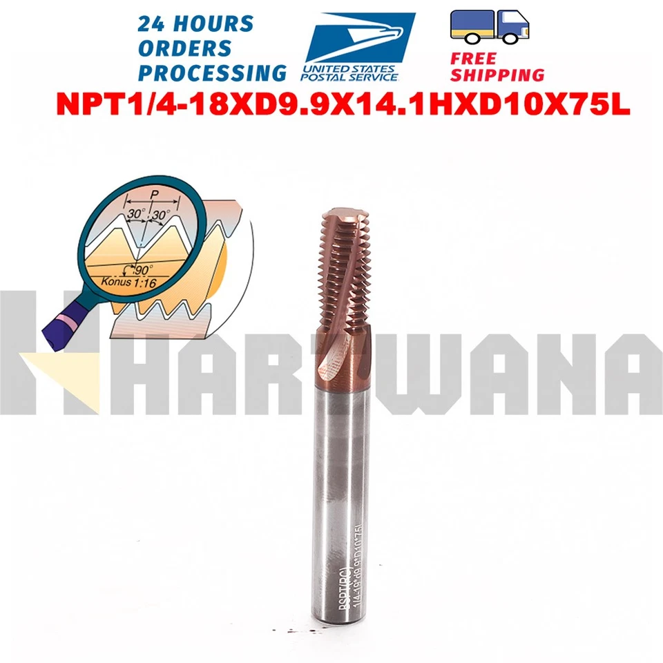 1/4-18 NPT Solid  Carbide Thread Mill TiAlN Coated Full Tooth CNC Milling Thread - Image 2 of 4