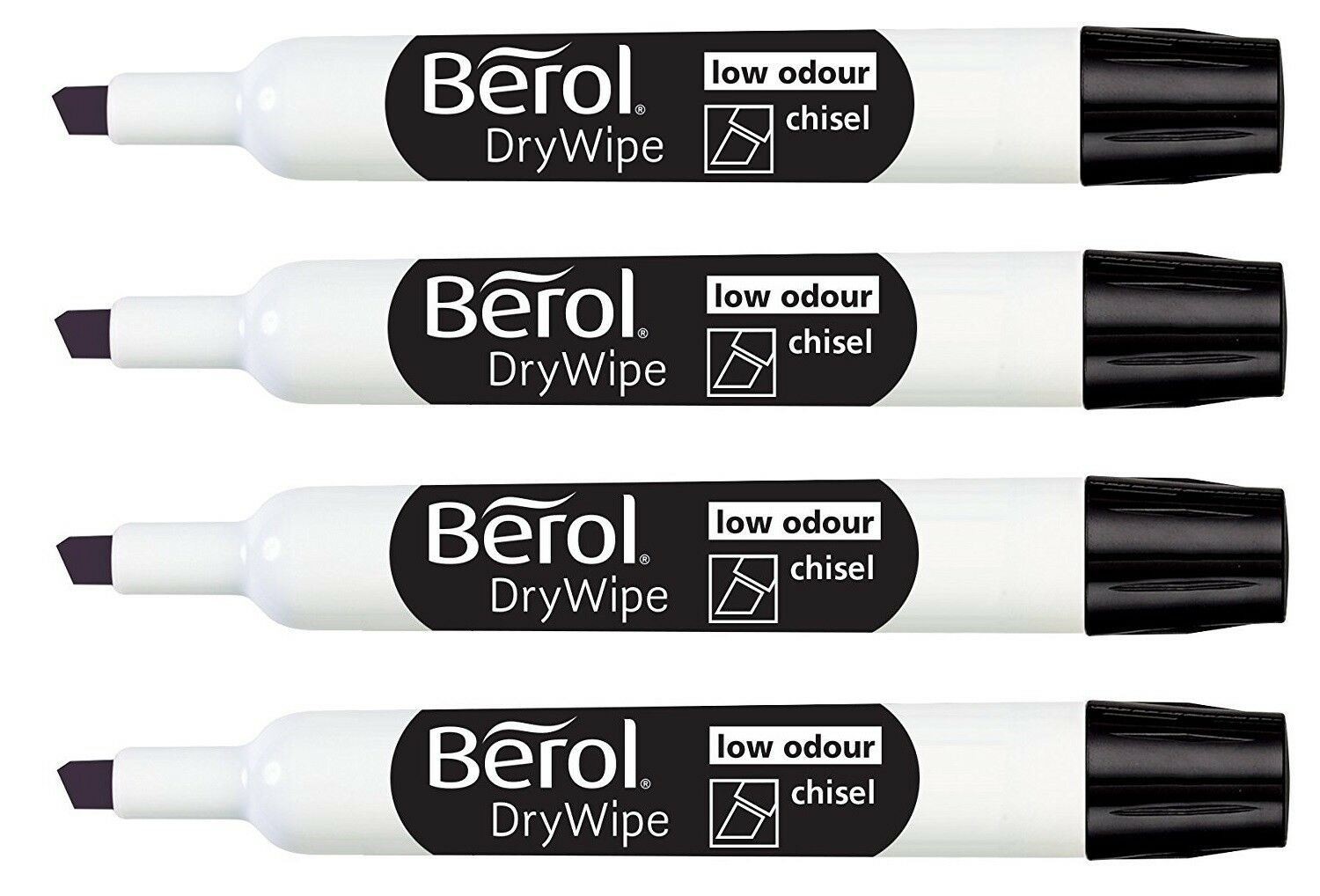 Berol Thick Chisel Drywipe Marker Pens Black Whiteboard 2.0mm Low Odour tip x12