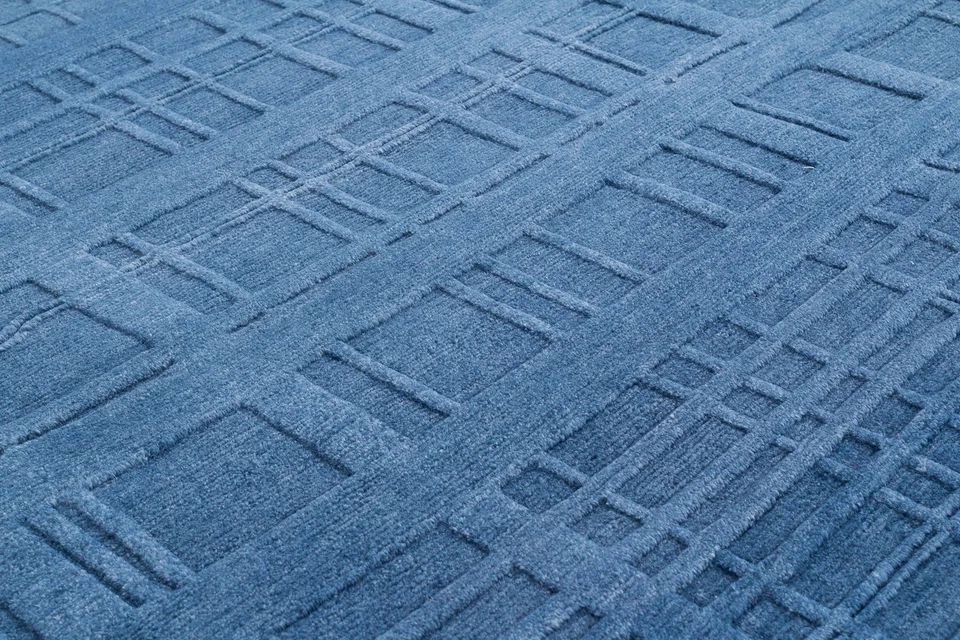 Alfombra de sala de estar moderna geométrica azul 8x10 acolchada a mano de lana alfombra de pelo alto-bajo Foto 4 de 4