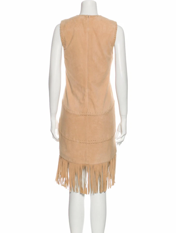 Vestido Rachel Zoe Cabra Gamuza Flecos Talla 2 Tostado Cuello Redondo Cierre Cremallera Sin Mangas Foto 3 de 4