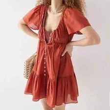 J Crew Rust Red Cotton Voile Tiered Button Down Front Dress XS Boho Chic