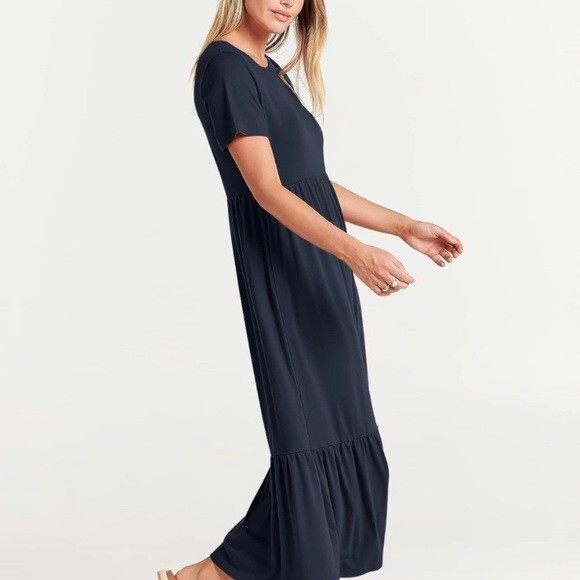 ANRABESS Peasant Tiered Dress Navy Large Modest