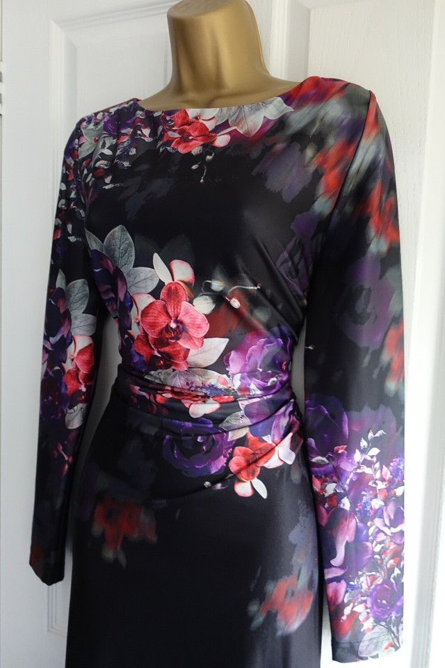 Kaleidoscope dress size 14 black and purple floral fitted dress eBay