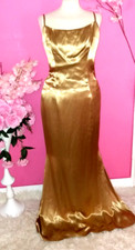 WOMEN GOLD SATIN SQUARE NECK EVENING DRESS ( ONE SIZE ) MADE IN NEW ZEALAND
