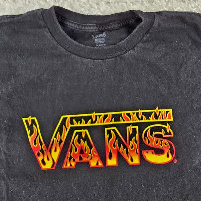 VANS black graphic tshirt SIZE M red yellow flame logo front 100% cotton tee (X)