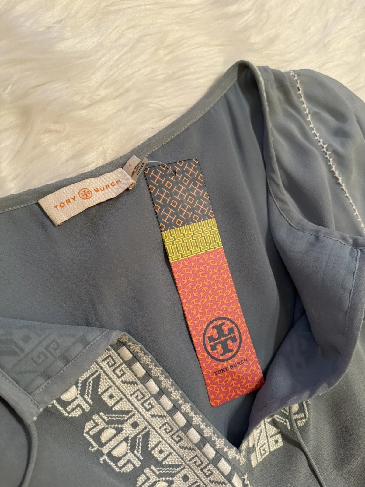 Abito Tory Burch nuovo 100% seta charlize caftano ricamato azzurro chiaro taglia 4