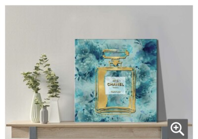Chanel perfume teal  flowers canvas wall hanging
