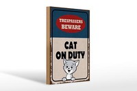 Holzschild Spruch 20X30Cm Trespassers Beware Cat On Duty Deko Schild Wooden Sign