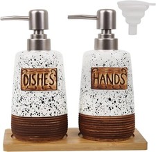 Kitchen Soap Dispenser Set with Tray, Ceramic Material,Durable (White+White)